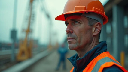 Construction worker with orange hardhat on construction site. 