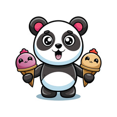 Cute Overwhelmed Panda Holding Two Melting Ice Creams – Funny Vector Illustration on White Background for Summer and Food Concepts