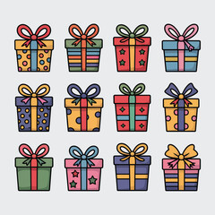 Twelve Colorful Cartoon Gift Boxes with Ribbons Arranged in a Grid Pattern on a Light Gray Background Each Box Features a Unique Color Combination and Pattern Including Polka Dots Stripes