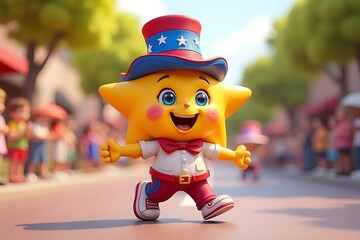 Cheerful Star Mascot in Patriotic Hat at a 4th of July Parade, Expressing Celebration and Happiness                                                   