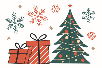 Festive christmas elements illustration with traditional holiday colors