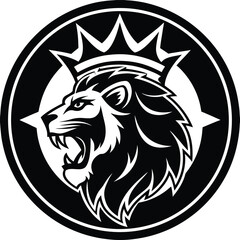 Vector art of a roaring lion wearing a crown inside a circle, isolated on white background