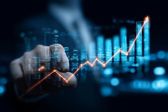 Businessman Presenting Market Trend Analytics on a Screen with Graphs and Growth Lines in Office