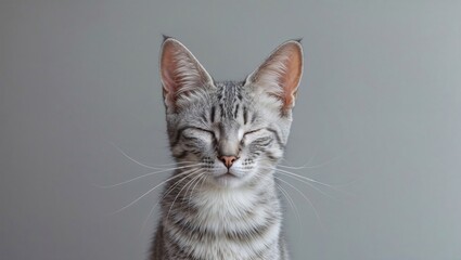 A serene tabby cat with closed eyes and prominent whiskers, looking calm and relaxed against a plain grey background. Perfect for pet wellness, tranquility, and animal portraits
