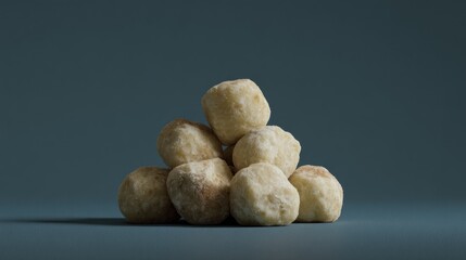 Stacked taro balls creating a minimalist dessert still life, on solid backdrop