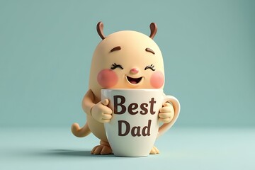 Cute Cartoon Character Holding 'Best Dad' Mug Against Light Blue Background                                                                           