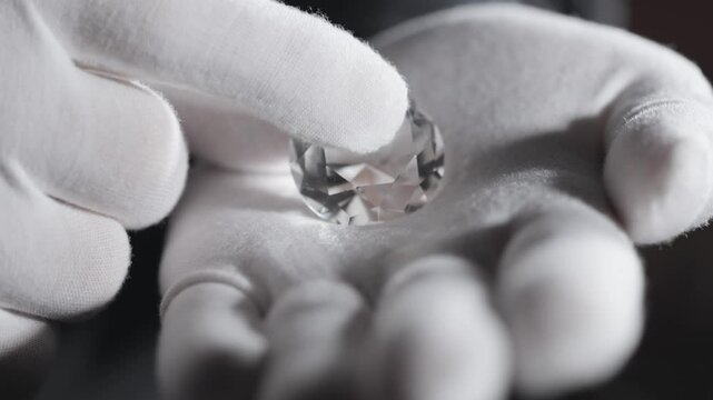 Closeup of hands of diamond expert in process of evaluating polished diamonds using jewellery tools.