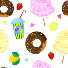 Seamless pattern with sweets. Cute and tasty picture with donut, cotton candy, drink in glass, strawberry and lemon. Summer sweets. Vector
