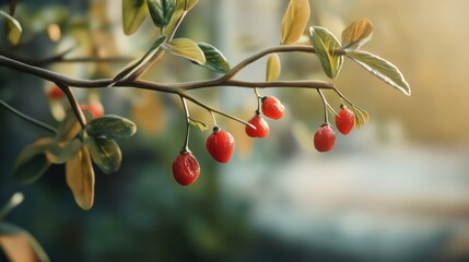 Delicate branch bearing succulent goji berries, illuminated by soft sunlight