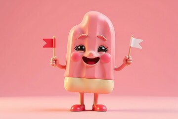 Cheerful Pink Popsicle Character Holding Flags on Pink Background - Fun Cartoon Illustration for Children's Designs and Summer Concepts               