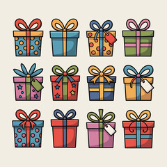 Twelve Colorful Cartoon Gift Boxes with Ribbons Bows and Tags Assorted Patterns Dots Stars Stripes Beige Background