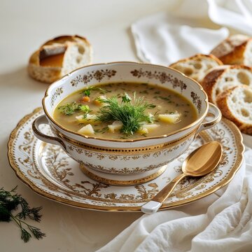 Azerbaijani dovga soup in white decorated bowl