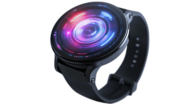 • A futuristic smartwatch displaying holographic notifications, isolated on white background in HD 