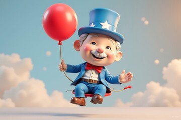 Cartoon Character with a Red Balloon on a Swing, Wearing Patriotic Hat with Stars, Against a Sky with Clouds, Illustration for Patriotic Celebrations 