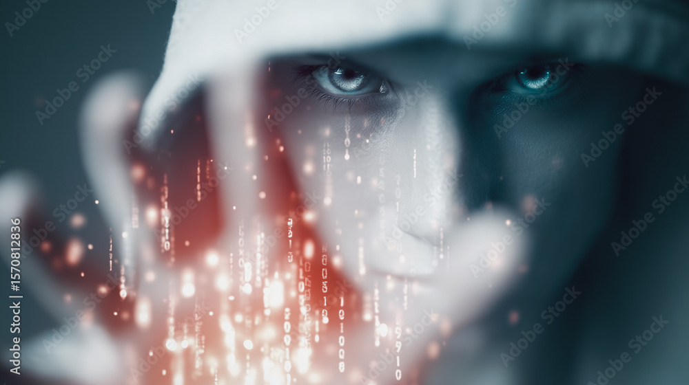 Poster mysterious code wizard: a person with their face partly hidden, hand outstretched as digital code st