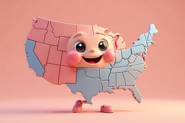 Cartoon USA Map Character: States Shaped with a Smiling Face, Legs, and Shoes on a Plain Background, 3D Render                                        