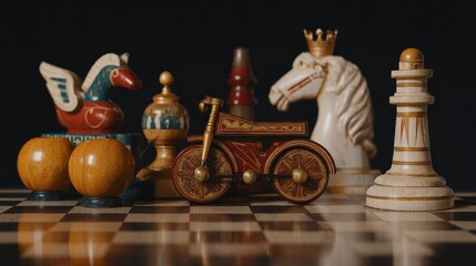 Vintage Chess Set with Antique Wooden Toy Bicycle on Checkerboard Surface