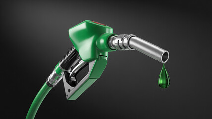Close-up of a green fuel nozzle with a single drop of fuel