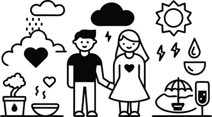 Minimal Couple Love Icons, Romantic Vector Symbol Pack, Valentine’s Day Couple Icons, Editable Flat Romance Elements