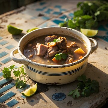 Dominican mondongo soup in enamel bowl