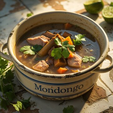 Dominican mondongo soup in enamel bowl