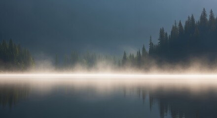 Fototapeta premium Misty Morning Lake Scene with Forest Silhouette and Soft Atmospheric Light