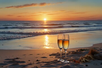A farewell scene with champagne at a coastal sunset