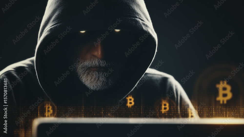 Aufkleber digital enigma: a masked individual in a hooded garment engages in an intricate digital activity. il