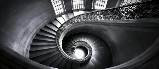 A captivating spiral staircase captured in monochrome elegance.