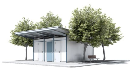 A public restroom with a metal roof and trees around it on a sunny day.
