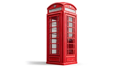 A classic red telephone booth stands isolated on a white background.