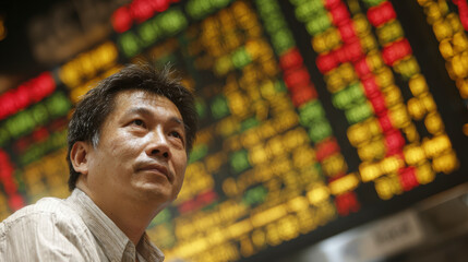 Remain invested : Man in front of a stock market display board showing stock prices, colored in green and red, looking contemplative.