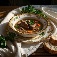 Welsh cawl lamb soup in antique plate