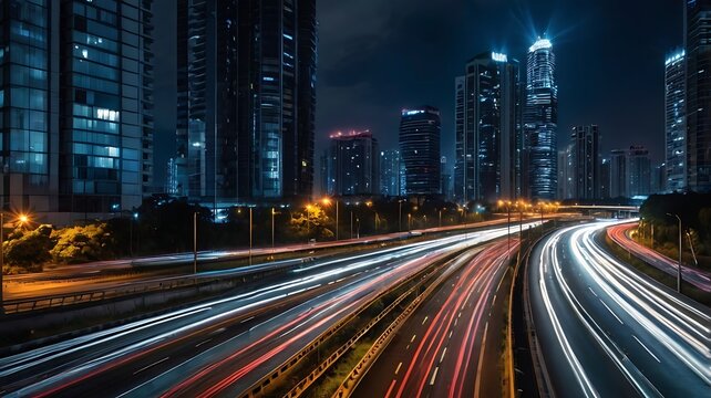 Dynamic Light Trails on Urban Highway, Cityscape Viewpoint, Modern Architecture