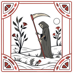 Tarot-Style Vector Card with Death and Rebirth – Mystical Transformation Art, Arcana XIII Illustration, Symbolic Cycle of Life, Ethereal Metaphor Design, High-Resolution Occult Graphic