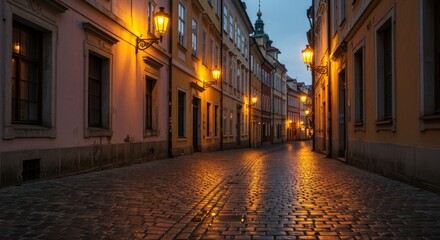 Obraz premium Quiet Evening Street in Historical Town with Warm Lantern Lights