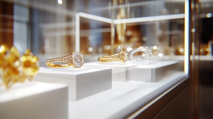 Display of exquisite rings with intricate details showcased in a luminous showcase