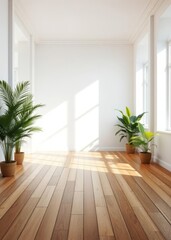 Empty white room with a wooden floor and plants Empty room interior design architecture blank design room