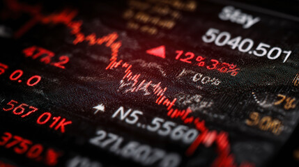 Remain invested : Close-up of a stock market data screen showing various numbers, symbols, and a downward moving red graph line.