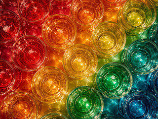 A vibrant and colorful arrangement of transparent glasses filled with liquid creating an abstract and mesmerizing visual feast