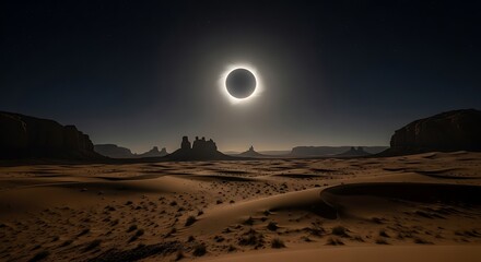 Solar eclipse over a desert landscape