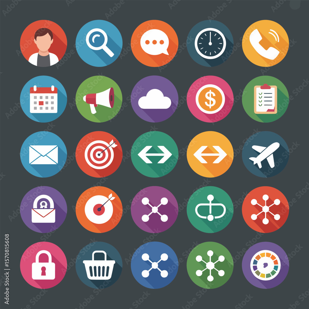Poster twenty five colorful flat design icons in circles on dark background person profile magnifying glass
