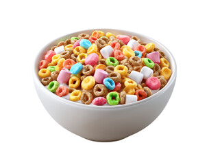 Cereal bowl with colorful cereal and marshmallows isolated on a transparent background