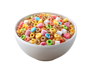 Cereal bowl with colorful cereal and marshmallows isolated on a transparent background