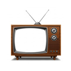 Vintage wooden television with blank screen, isolated on white background.