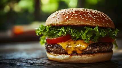 Close-up of a juicy cheeseburger
