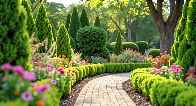 Walking on Stone Path in Lush Green Garden with Blooming Flowers