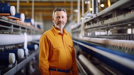 Photo of a serious mature Caucasian man working on a fabric production line. It configures the operation of the conveyor. Labor automation in light industry as the key to business success.