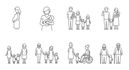  Family Life and Generations Line Icon Set