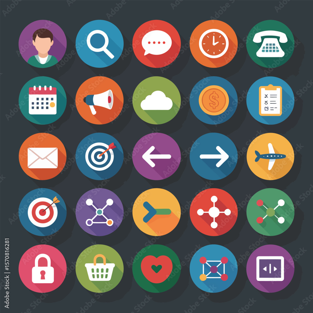 Poster twentyfive colorful flat design icons on dark background depicting diverse concepts including commun